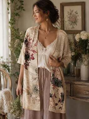 Ginger G Floral Open Front Cardigan Duster Beige Rose Print Boho Cottagecore S